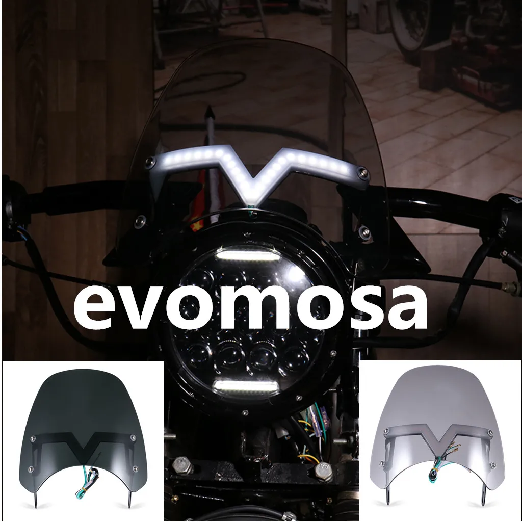 5-7 inch Motorcycle Retro Cafe Racer Windshield Visor w/ DRL Turn Signal Light For Honda Yamaha XJR 1300 Suzuki GSX 1400