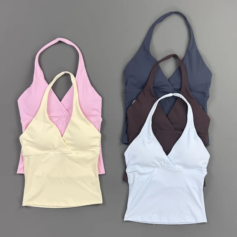 Women Halter Cropped Tank Top V‑Neck Built‑in Padded Bra Sleeveless Stretchy Soft Camisole Yoga Gym Workout Fitness ActiveWear