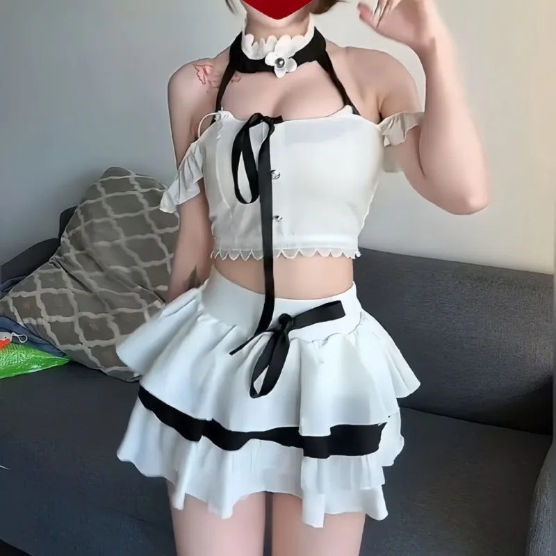 

M-3XL, женское нижнее белье большого размера, японские милые школьницы, белые укороченные топы с бантом, юбка, комплект порно, ролевая игра, студенческая униформа Cospaly JK
