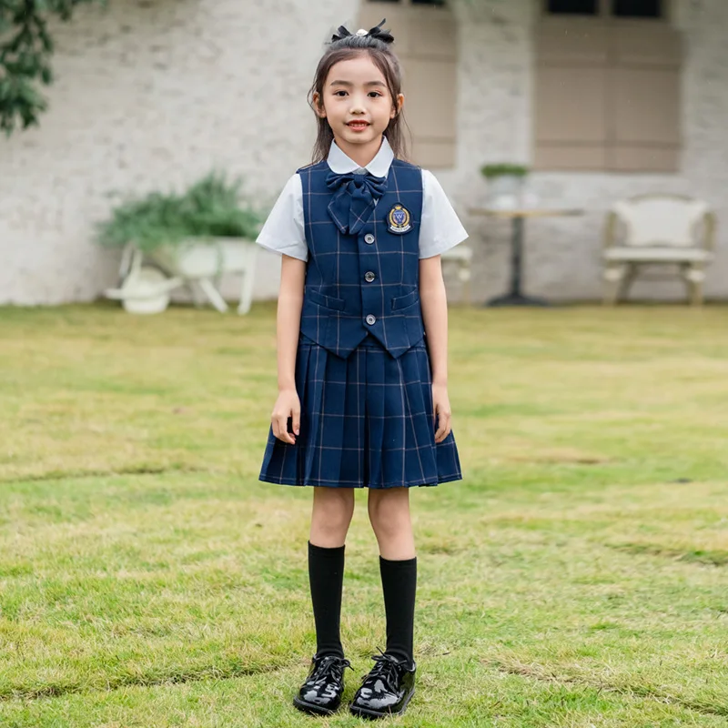 子供英国チェック柄ベストシャツスーツパンツ女の子チョッキブラウススカート子供学校制服男の子韓国学生服セット