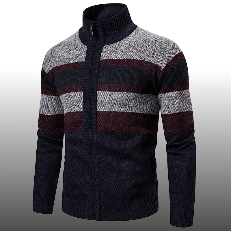 

Winter Thick Warm Cardigan Sweaters Fleece Jackets Men Fashion Striped Knitted Cardigan Slim Fit Sweaters Coat Outwear Clothing