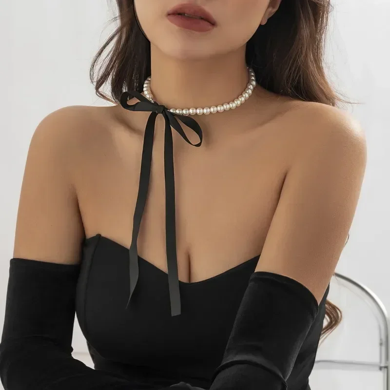 Elegant White Imitation Pearl Long Black Ribbon Choker Necklace For Women Trend Wedding Party Jewelry Beach Vacation Necklaces