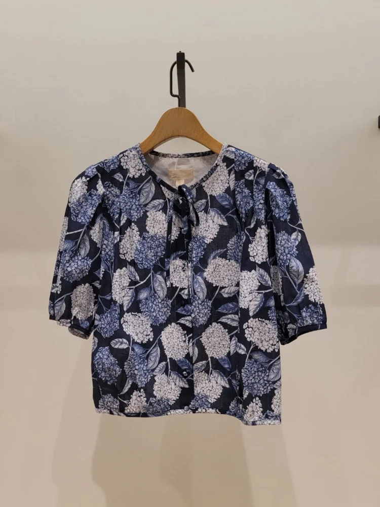 

Limited Time IC25 Summer New Small Print Money Style Shirt with Flying Sleeves Cotton Casual Women's round Neck Short Sleeve