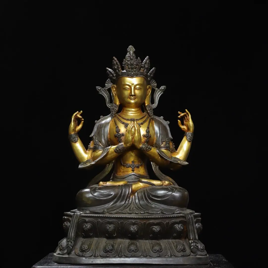 Large Four-Arm Chenrezig Statue Pure Copper Gold Plated Tibetan Vintage Home Altar Decor Figurine