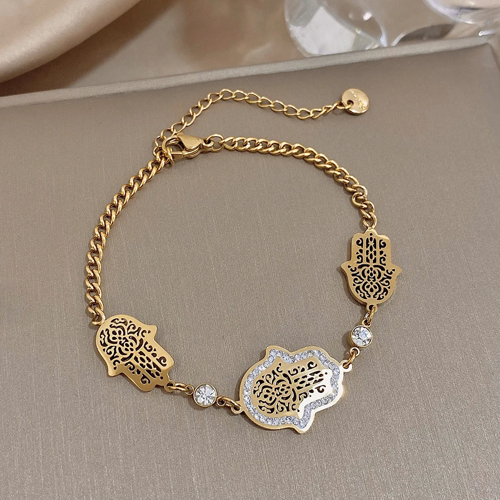 Flashbuy Stainless Steel Vintage Hand of Fatima Turkish Charm Bracelet for Women Statement Gold Color Bracelets Fashion Jewelry