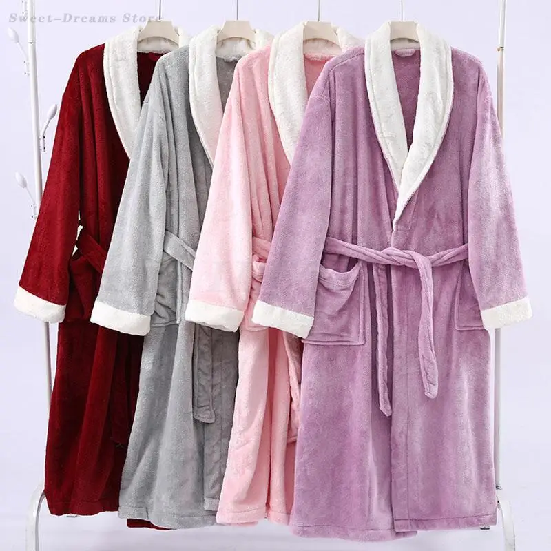

Purple Flannel Women's Robe Home Dress Autumn Winter Thicken Warm Bathrobe Kimono Gown Sleepwear Soft Coral Flaace Lounge Wear