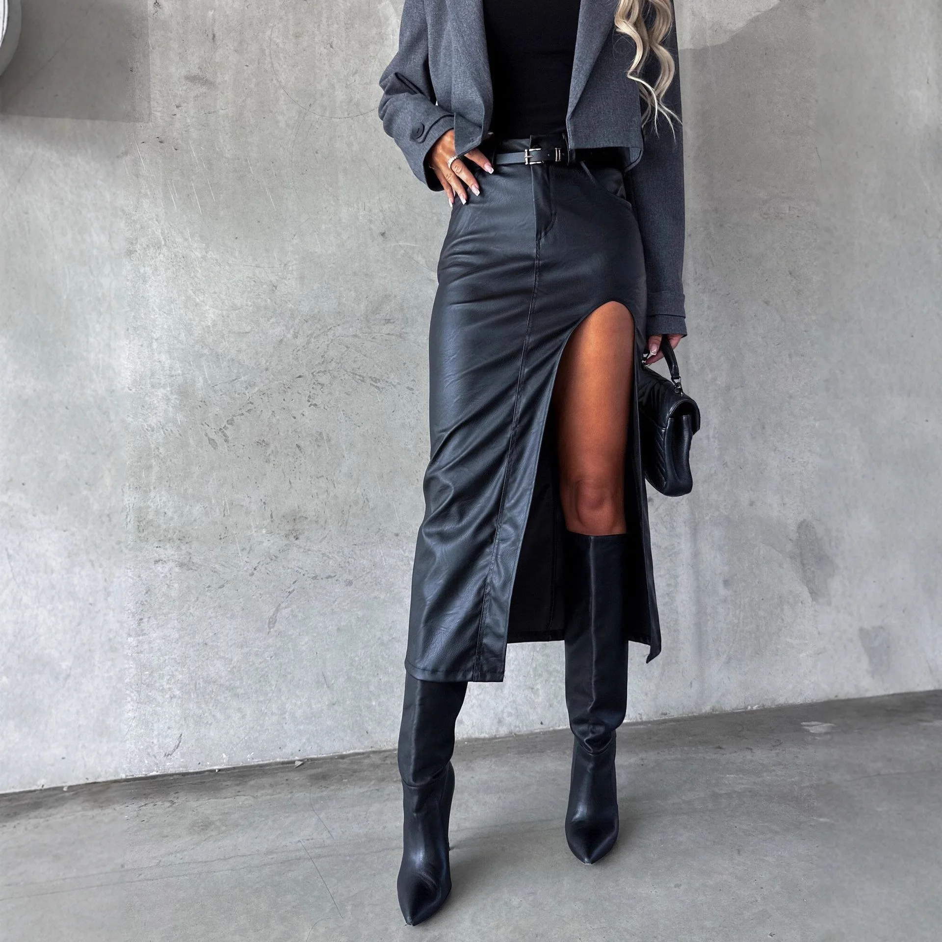 2026 Women Leather Skirts Solid Skirt Side Slit Ankle Length Empire Waist Non Stretch Slim Spring Casual Work Y2k Autumn Winter