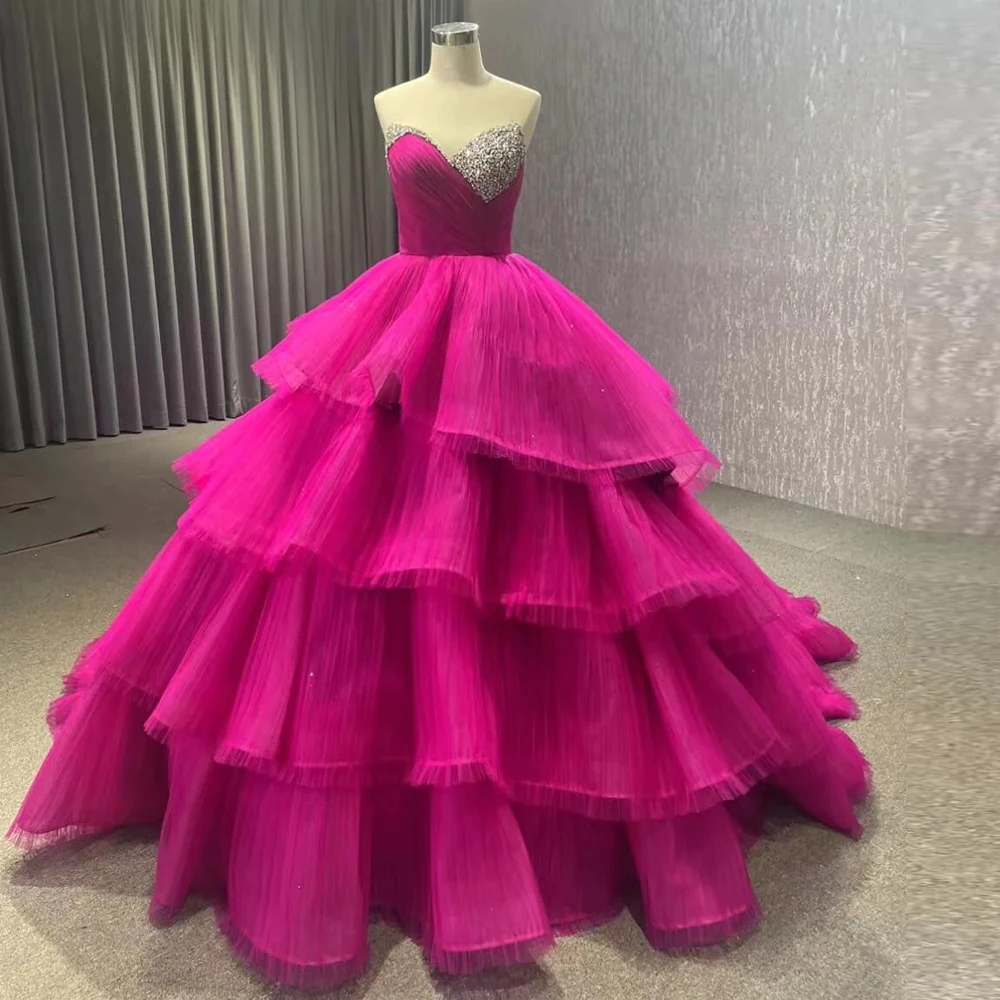 

Fabulous Fuchsia Fluffy Tiered Tulle Long Maxi Gowns Shiny Crystal Beaded Tutu Tulle Bridal Dresses Lush Tutu Ball Gowns