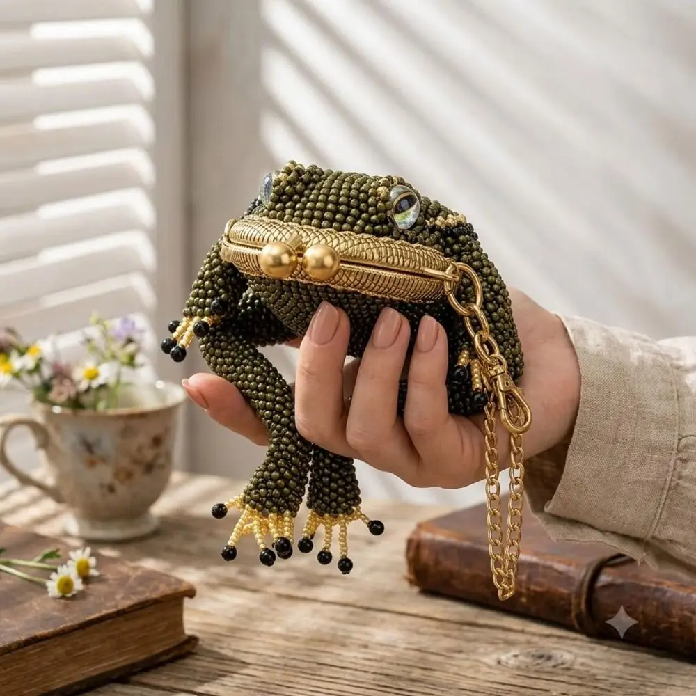 Gifts Mini Charming Frog Coin Purse Kiss Lock Closure Beaded Earbud Storage Pouch 3D Cartoon Style Frog Keychain Pouch for Girls