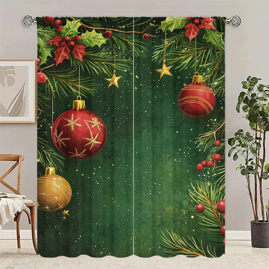 Christmas pine branch background printed curtains, pole bag curtains, Christmas decorations, home decorations, room decorations