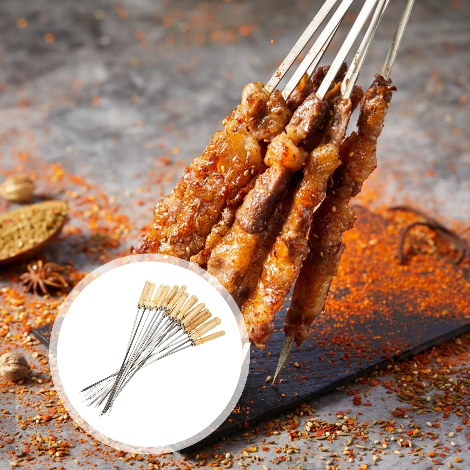 

18 Pcs Grill Outdoor Stainless Steel Barbecue Stick Kebab Skewers Double Fork Wooden