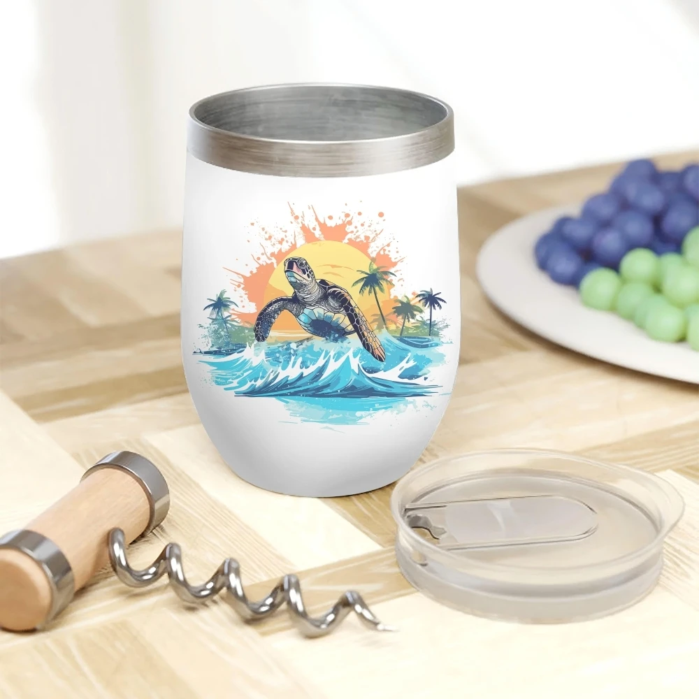 Sea Turtle Surfing The Wave Vacuum Flasks 12oz Insulated Wine Tumbler Vacuum Coffee Mug Egg Shape Thermos Cup
