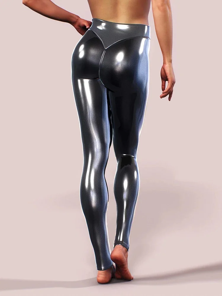 Silver Gray Luster Shiny Elasticity Printing Sports Yoga Leggings Women Sexy Slim Elastic Bodycon Luster Leather Pants Nightclub