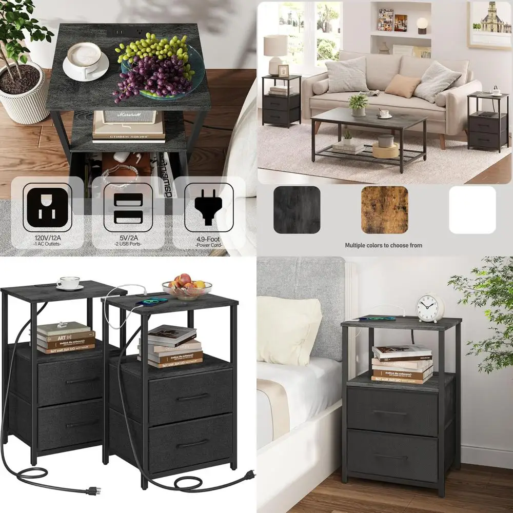 

Charging Station End Table, Dual USB Nightstand with Drawer, Pair of Couch Side Tables in Charcoal Grey TB01BY052