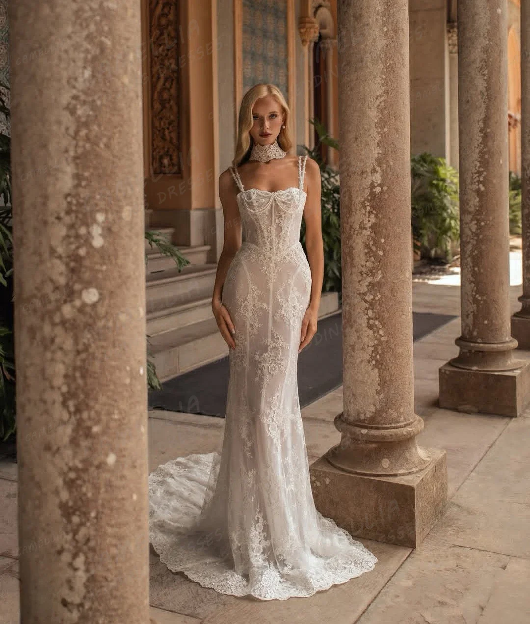 Sweetheart Spaghetti Strap Mermaid Wedding Dress Detachable Skirt Full Lace Ivory Sweep Train Lace‑Up Back Vintage Bridal Gown