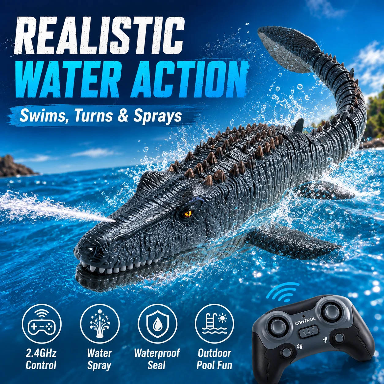 RC Mosasaurus Dinosaur Boat Toy 2.4GHz Remote Control Water Dinosaur Ship Electric Swimming Toy for Kids Boys Outdoor Pool Gift