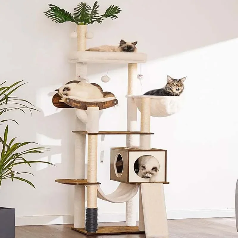 Modern Rustic Brown Cat Tree for Large Cats Indoor Cat Condo Scratching Tower Hammock Basket Dangling Ball Self Groomer-HCT120SR