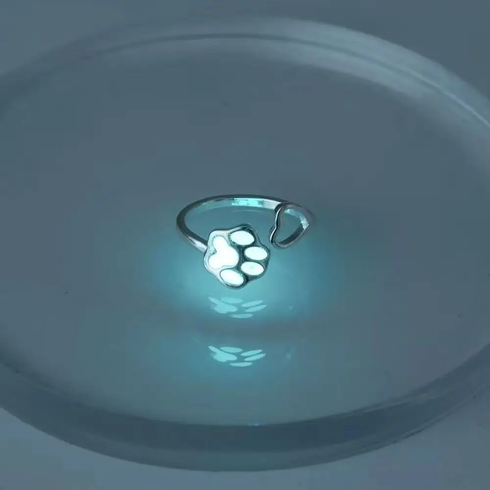 Luminous Cat Paw Ring Puppy Paw Glowing Finger Ring Adjustable Glow in Dark Hollow Out Heart Ring