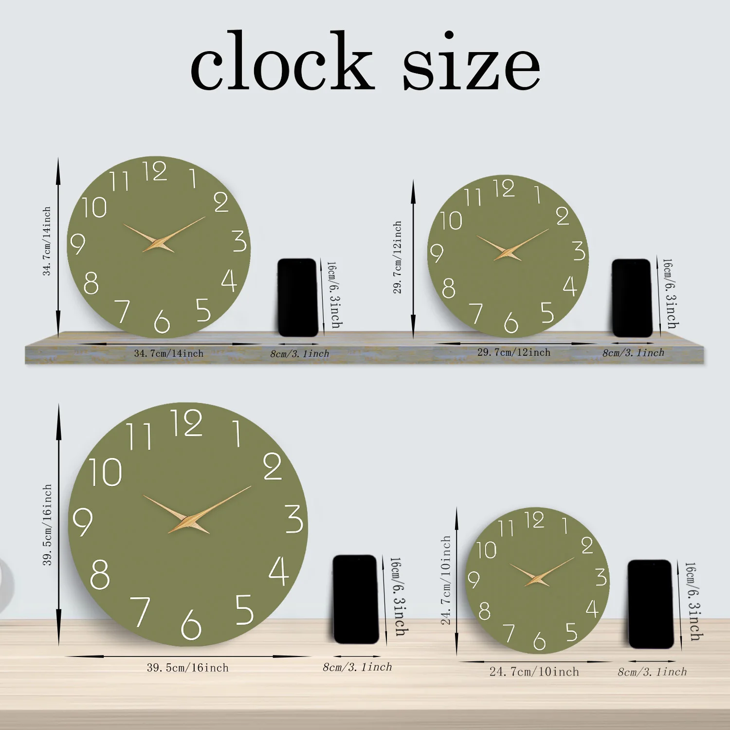 Modern Minimalist White Numbers Green Background Pattern Wooden Wall Clock Living Room Bedroom Kitchen Home Decoration Wall Clock Silent Quartz Clock Holiday Gift 10 Inches 12 Inches 14inch 16inch (No Battery) view 3