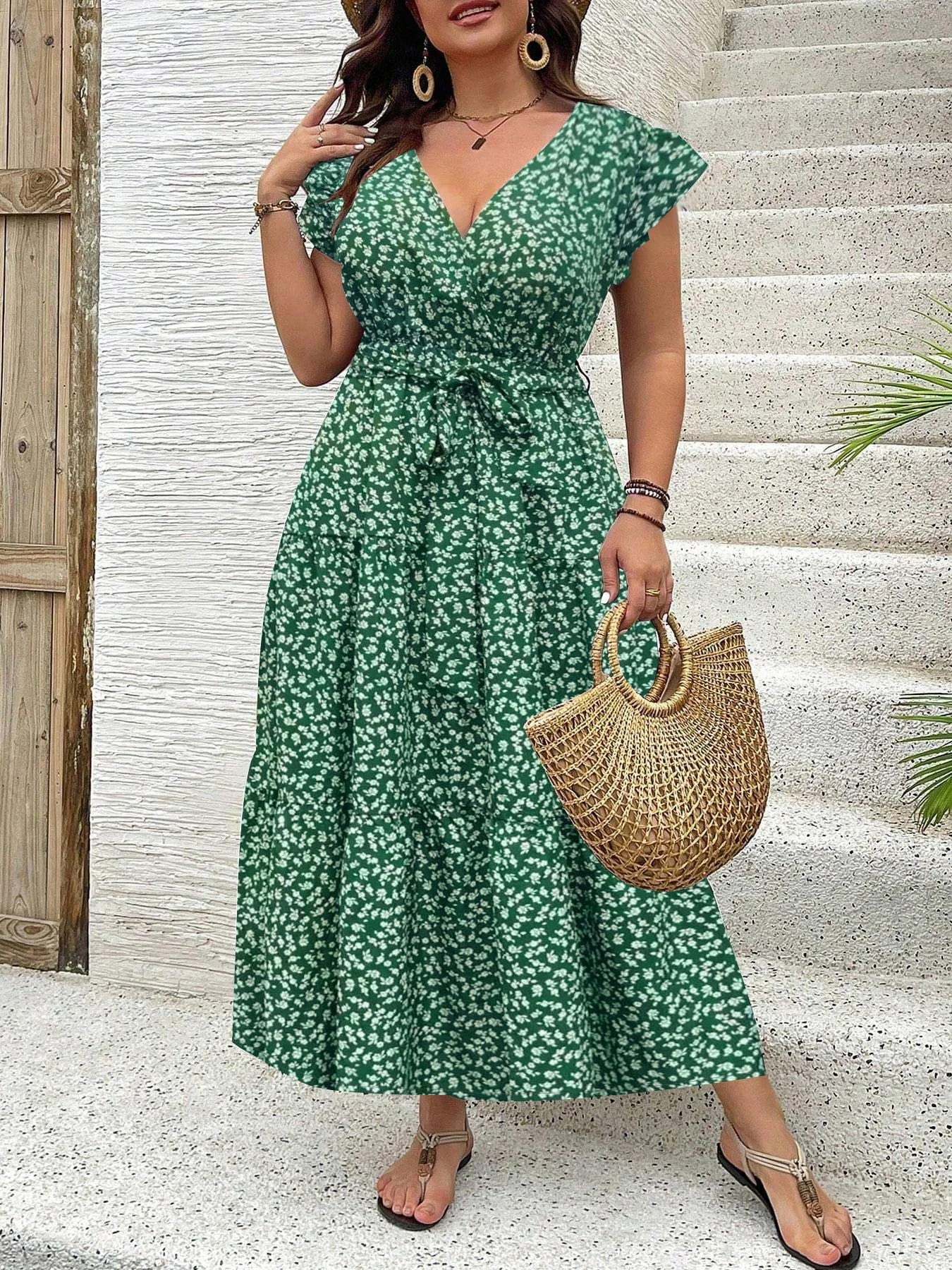 

【Plus Size】 Floral Print Dress, Boho Fashion Casual Dress for Beach Holiday Vacation, Women's Plus Size Clothing for Summer