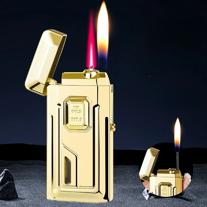 Creative Dual Flame Stretch Open Fire Butane Gas Lighter Windproof Red Fire Visible Gas Window Silent Ignition Electric Lighters