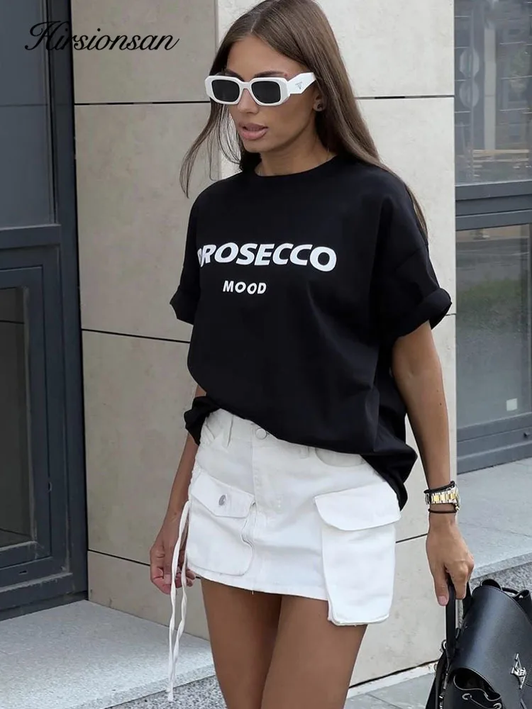 Hirsionsan 100% Cotton Letter Print T Shirt Women 2024 Summer New Basic Vintage Tee Casual Loose Chic O Neck Female Couple Tops