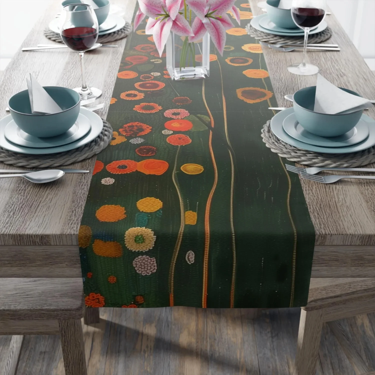 Table Runner, Gustav Klimt Inspired Long Green Floral Earthy Spring, Autumn, Christmas Custom Table Runner