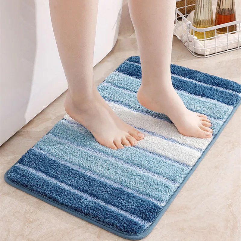 

Flocking Striped Bath Mat Absorbent Quick-drying Foot Pad Double-layer Process Microfiber Bathroom Rug TPR Non-slip Carpet