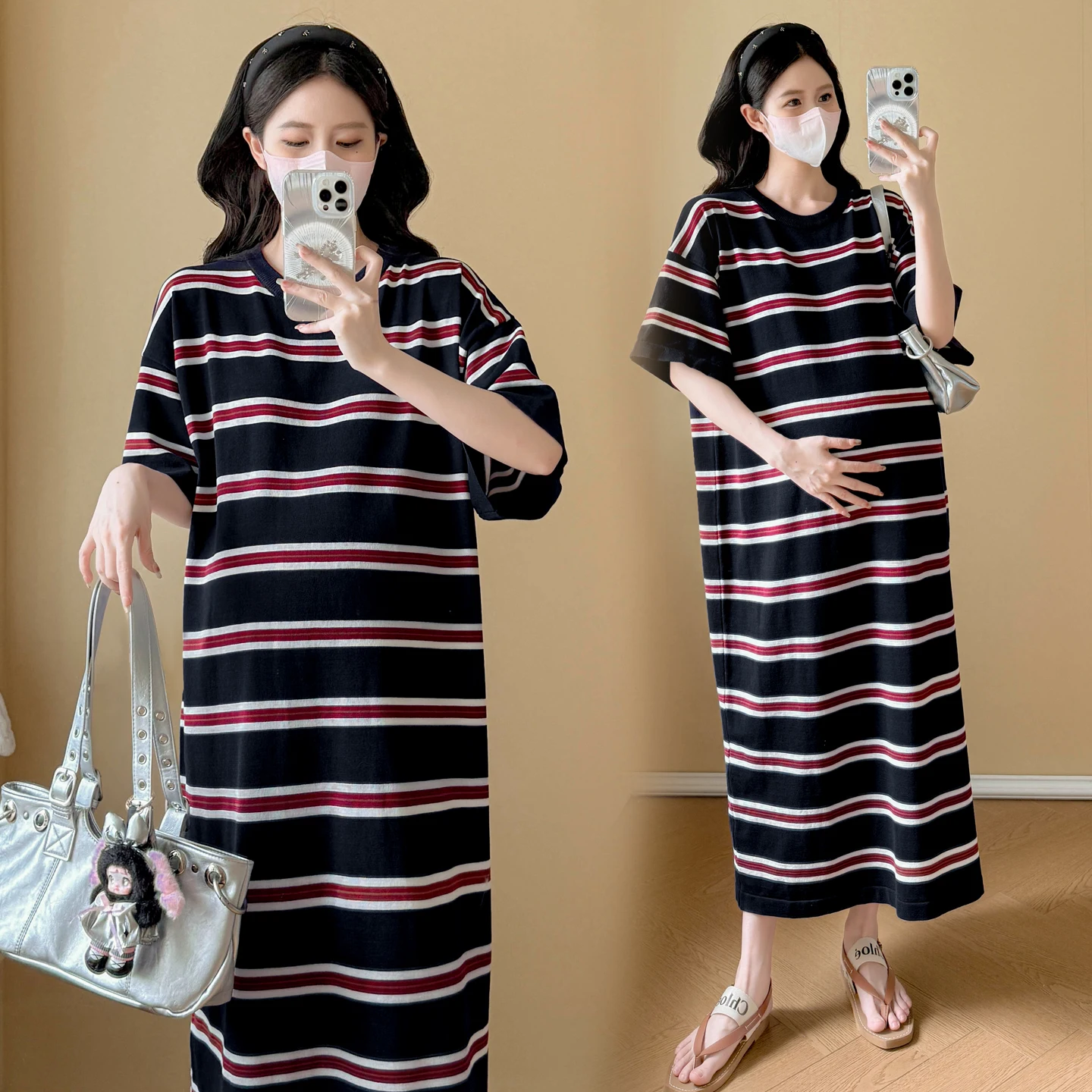 2026 Summer Short Sleeved Maternity Dress Block Color Striped Turn-down Collar Long Loose Casual Pregnant Woman Straight Dress