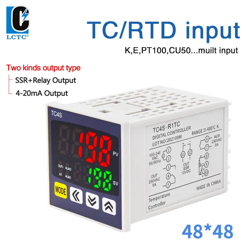 

LCTC TC4S PID Temperature Controller 4-20ma SSR+RELAY Output PID Regulator K Type Multiple Input Digital Instrument 48*48