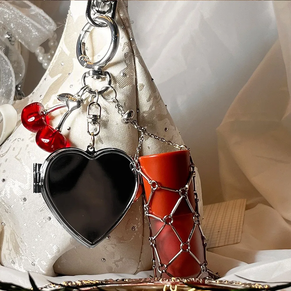 Custom Logo Cute Cherry Y2k Popular Metal Mirror Lipstick Mesh Pouch Keychain Pendant Portable Keyring Accessory Wholesale