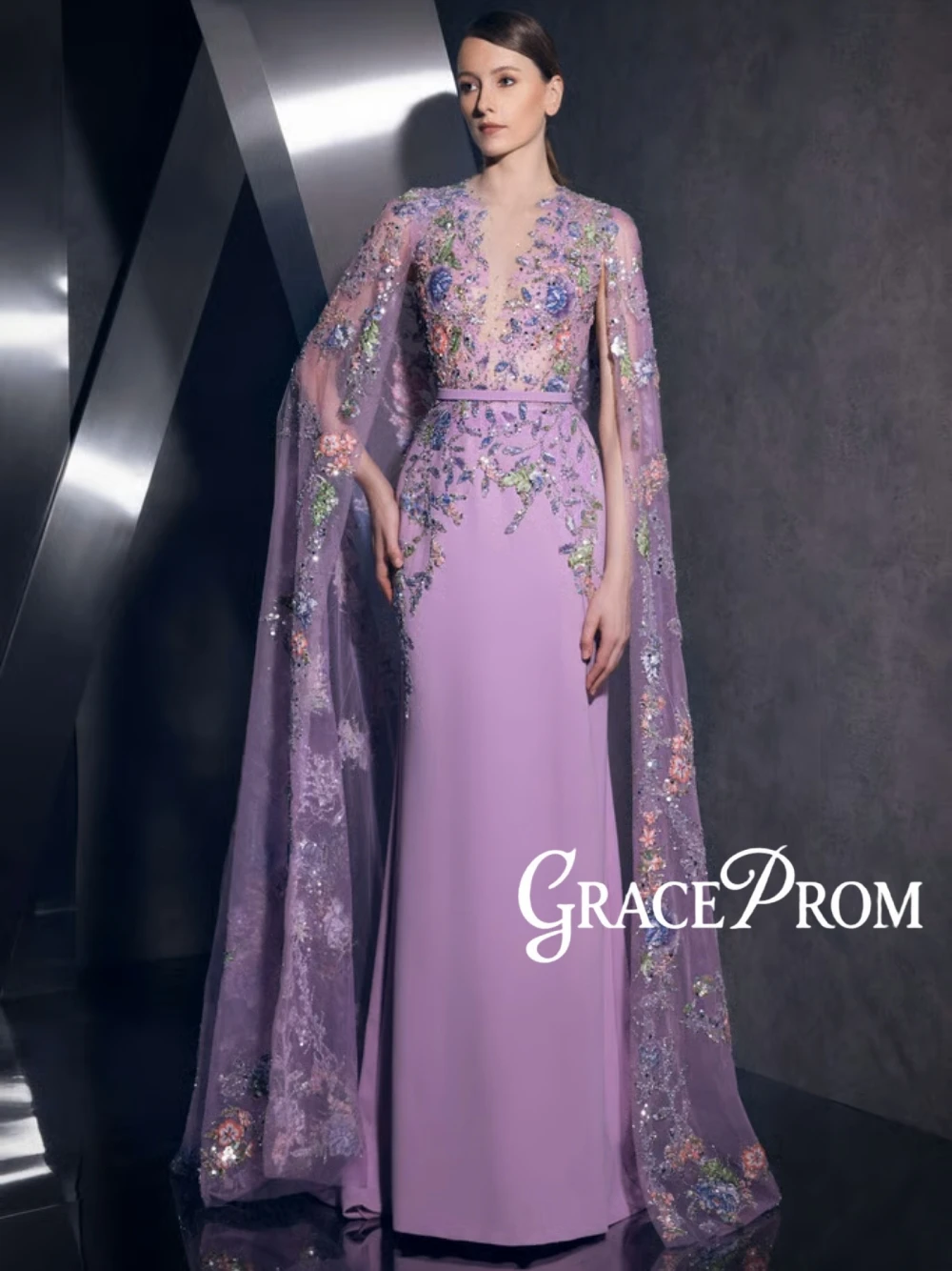

Romantic Lavender Floral Embroidery Cape Prom Dress Unique Sheer Neck Mermaid Formal Evening Gown For Women's Gala Customized