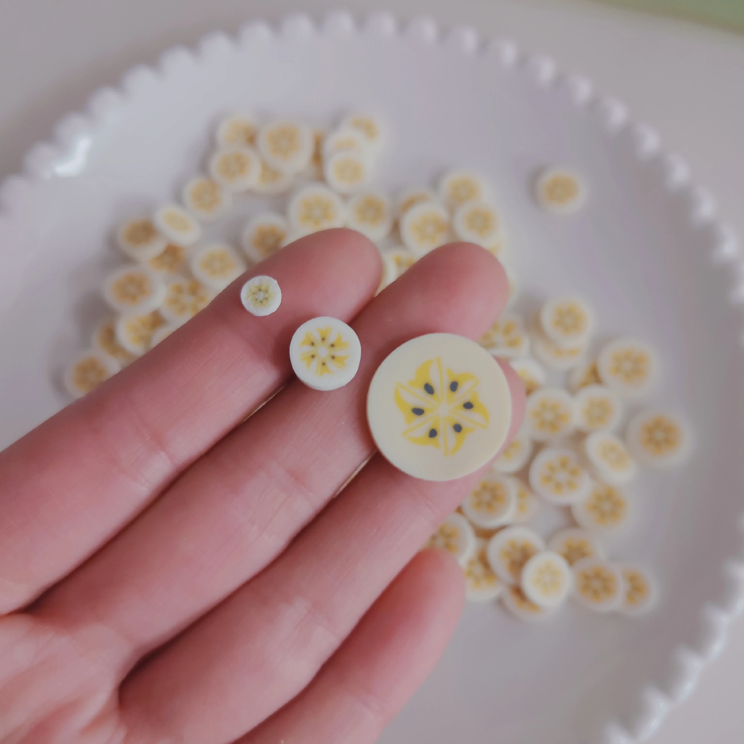 5mm 10mm 20mm Banana Slices Chips Fruits Polymer Clay Plastic Klei Mud Particles For Card Making Tiny Cute DIY Crafts