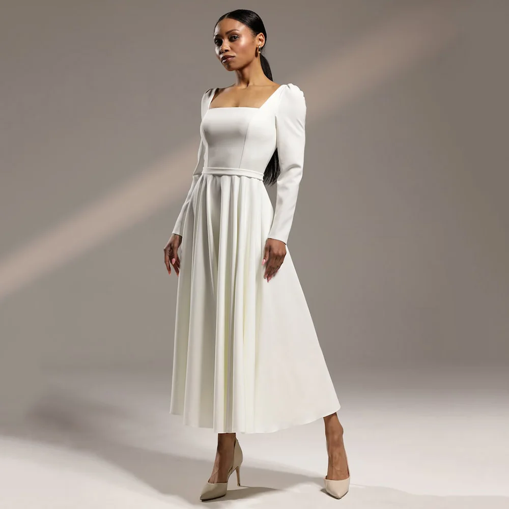 Elegant Wedding Dresses Simple Crepe Square Collar Long Sleeves Bridal Dresses Tea Length Wedding Party Dresses Customized