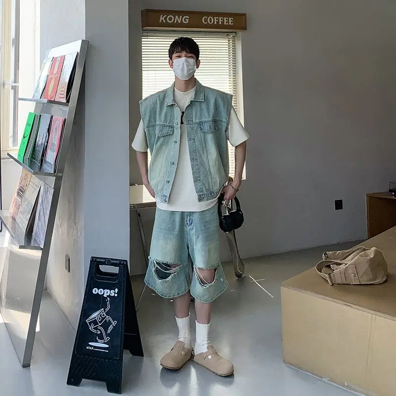 

Retro American Waed Denim Vest ex Summer Streetwear Loose Svel Jaet for Men And Women Trendy Five-ket Pants