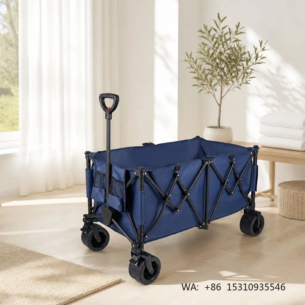 Navy Blue Folding Utility Cart Heavy Duty Collapsible Utility Wagon with Wheels Rolling 360 Swivel Smooth Bearings Camping Cart