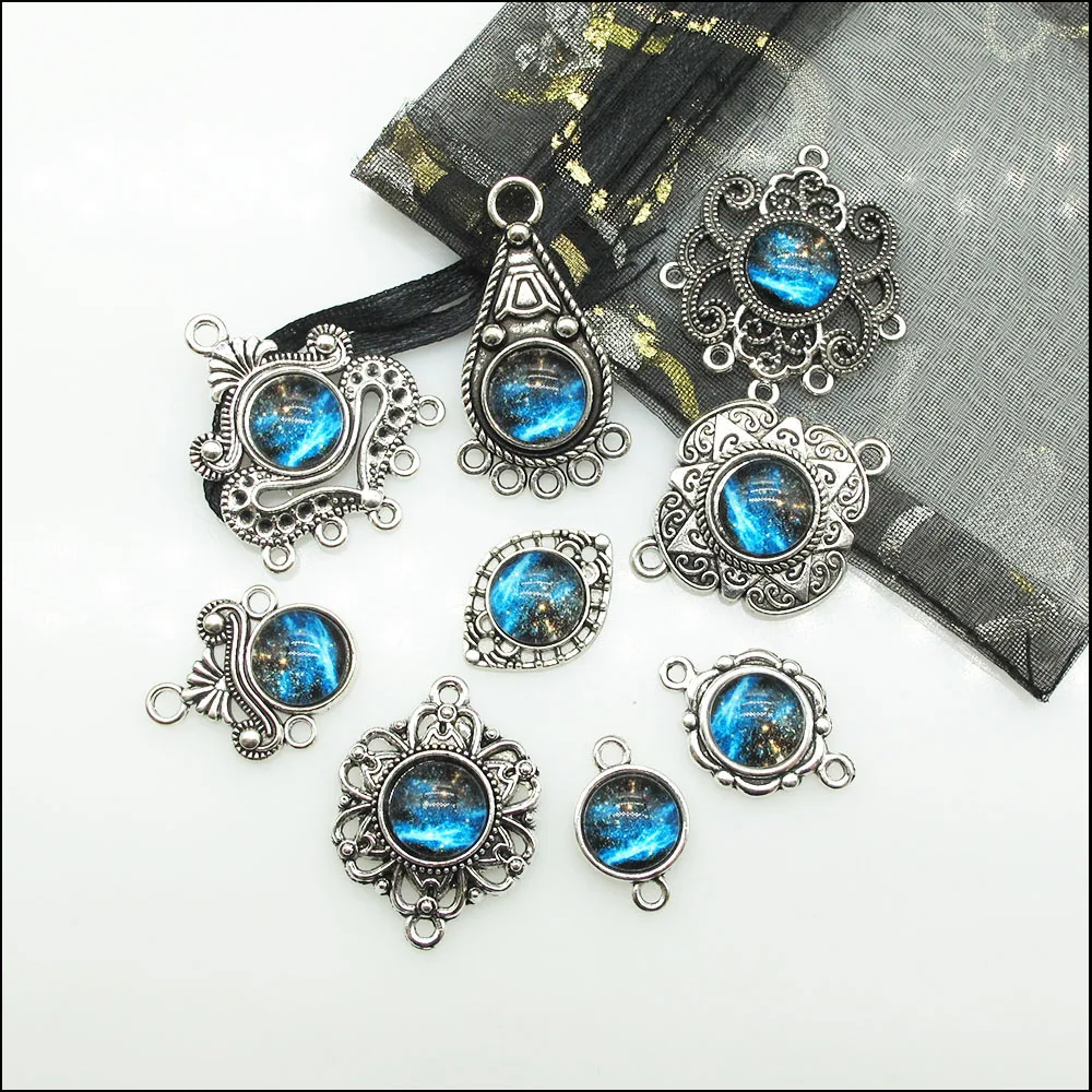 Flower Teardrop Oval Charms Blue Starlit Sky Glaze Tibetan Silver Plated Retro