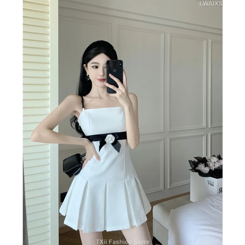 Sweet White Party Dress Sexy 3D Camellia Slim Short Dresses Summer New Removable Straps  White Club Outfits for Women Vestidos