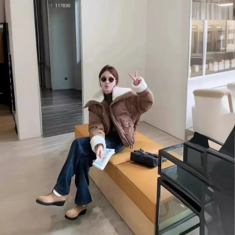 Ropa de mujer invierno nueva chaqueta de plumón abrigo Tops cortos cálido Petite cuello grande plumón de pato blanco moda Color sólido