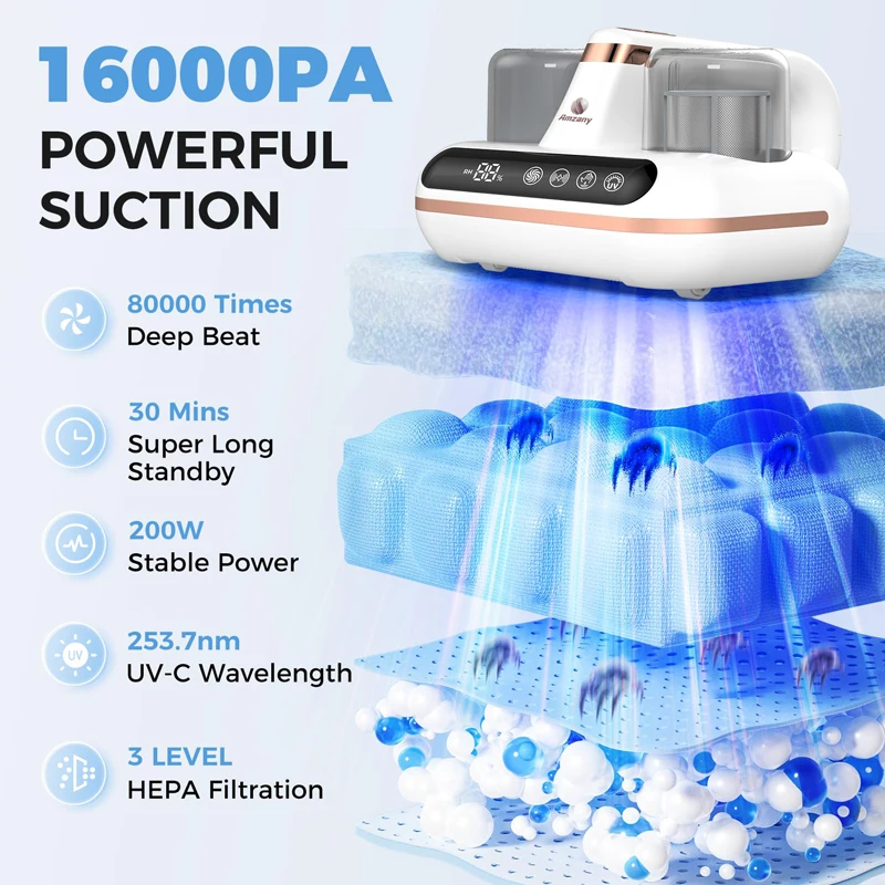 16 UV Mite Remover New Mattress Vacuum Cordless Handheld Cleaner Powerful Suction for Cleaning Bed Pillows Clothes Sofa