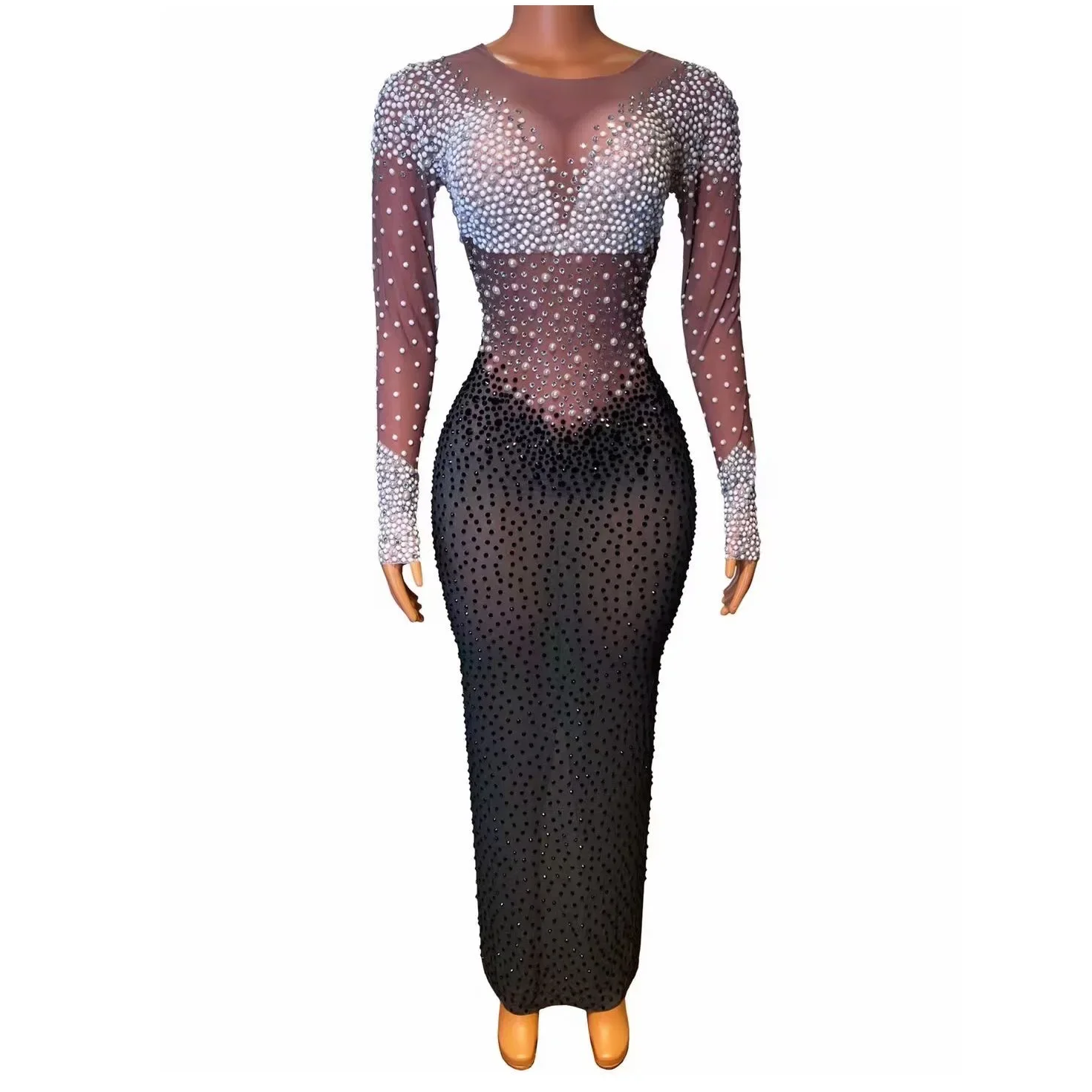 

Shining Rhinestones Sexy Black Gauze Long Trailing Dress For Women Evening Ballroom Clothing Party Singer Stage Costumes