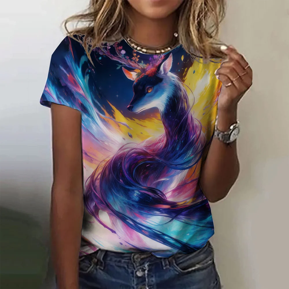 

PLUS-размер, женская футболка с 3D красочным узором оленя, летняя повседневная футболка с круглым вырезом, свободная футболка с короткими рукавами, повседневная с коротким рукавом