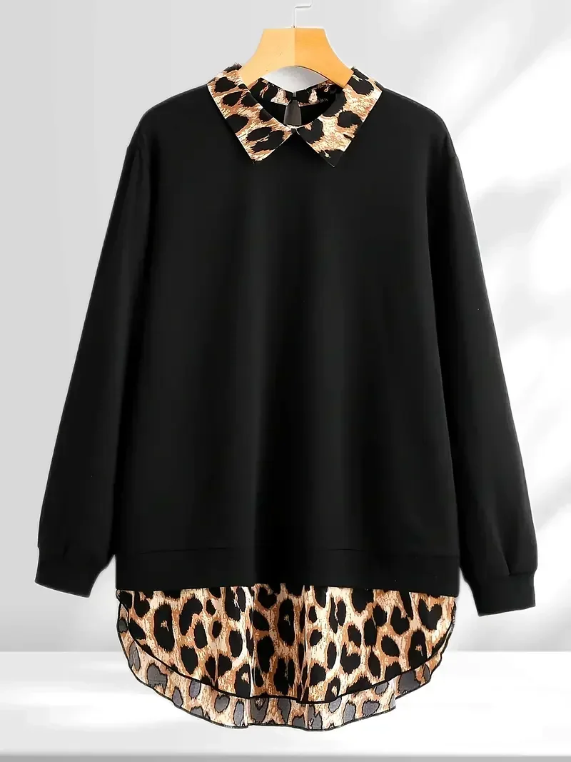 

Женская модная блузка с леопардовой строчкой больших размеров, топ, толстовка, женский повседневный пуловер с длинными рукавами и лацканами, рубашка, топы