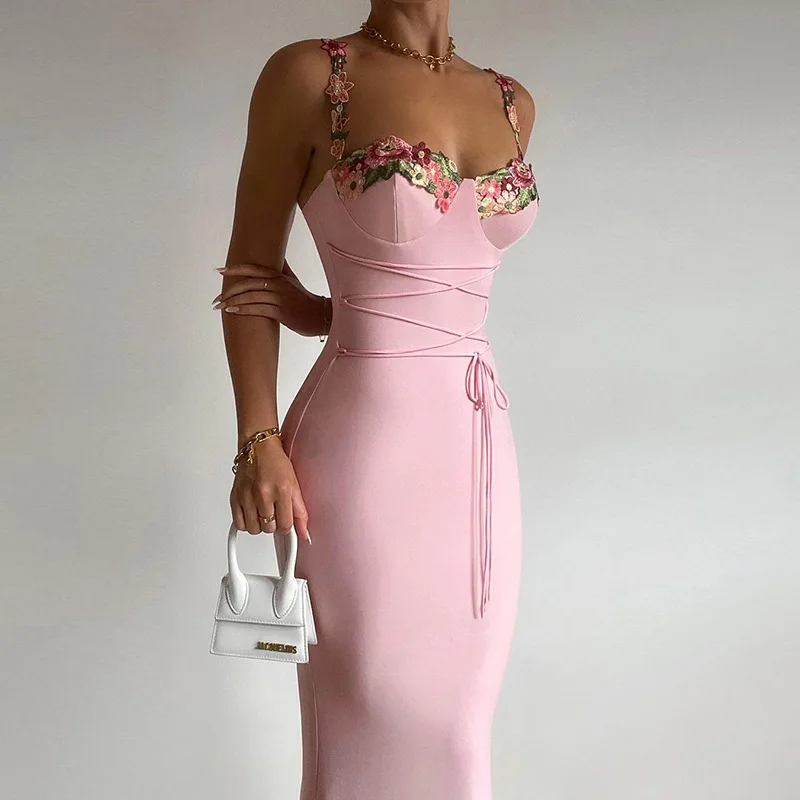 

Pink Embroidered Long Dresses Woman Criss Cross Bandage Maxi 2024 Summer Dress Chic And Elegant Party Dresses Vestidos