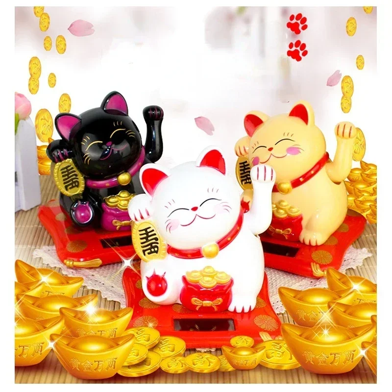 Solar Powered Maneki Neko Waving Arm Beckoning Fortune Cat Lucky Cat For Home Office And Car Decor