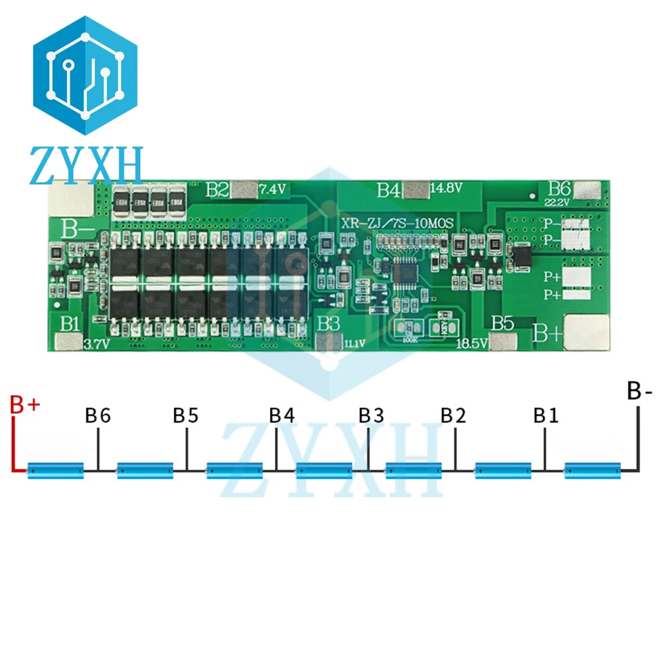 BMS 7S 24V Li-ion 15A 20A 30A 18650 akumulatory płyta ładowania z funkcją korektora balansu wspólny Port dla banku mocy
