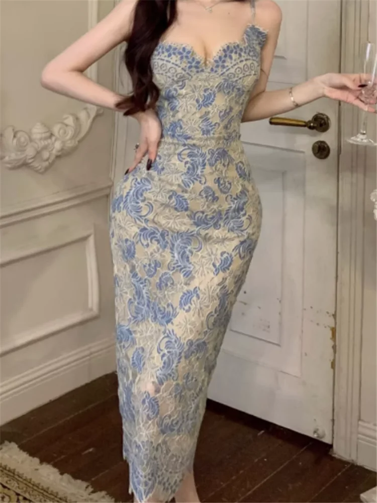 ヴィンテージ V ネックエレガントなブルー刺繍レースキャミソールロングドレス Vestidos 夏ノースリーブボディコン鉛筆イブニングパーティードレス