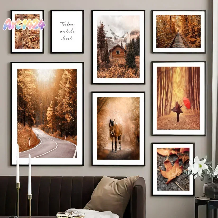 Autumn Deciduous Forest Log Cabin Maple Leaf Nature Posters Wall Art Print Canvas Painting for Living Room Modern Home Decor