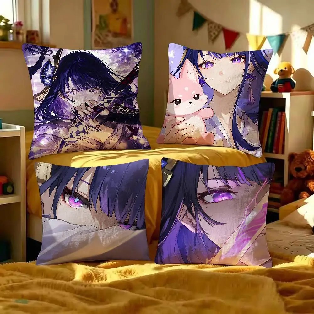 Cute Girl Raiden Shogun Pillow Case, Genshin Impact Game Throw Pillow Cover Soft Fabric Cushion Cove Sofa Bedroom Home Decor
