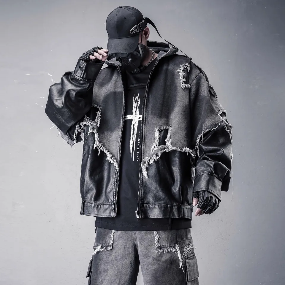 Vintage Distressed PU Leather Patchwork Denim Jacket Hooded Coat